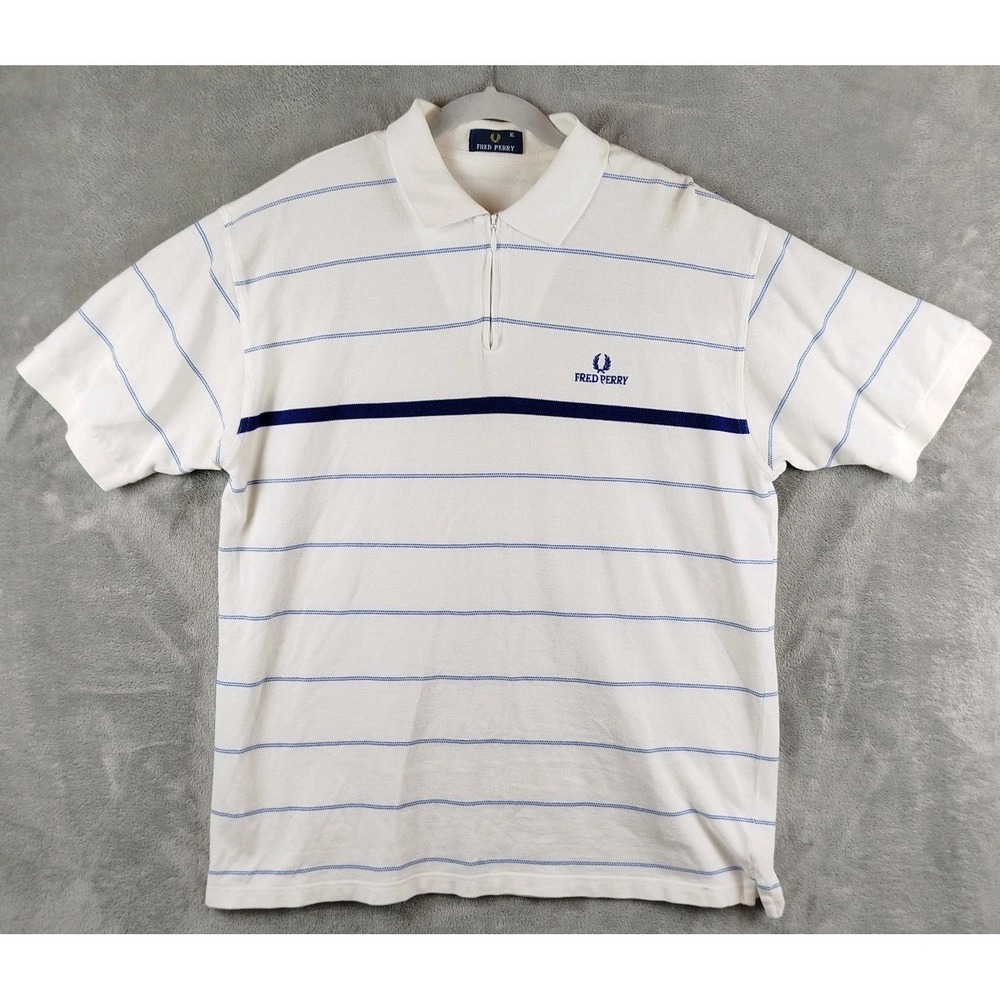 Fred Perry Zip‎ Up Polo Pique Shirt White Blue Stripe Short Sleeve Mens XL Golf